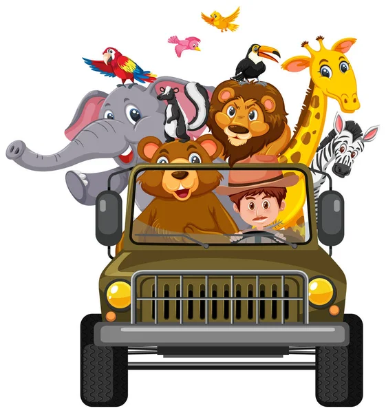 Zoo Concept Met Wilde Dieren Auto Geïsoleerd Witte Achtergrond Illustratie — Stockvector