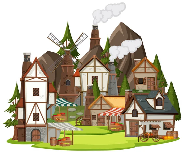 Medieval Village Scene White Background Illustration — Stock Vector