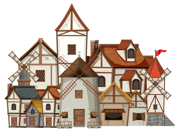 Mittelalterliche Dorfszene Auf Weißem Hintergrund — Stockvektor