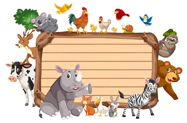 Placa Madeira Vazia Com Vários Animais Selvagens Ilustração — Vetor de Stock