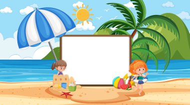 Çocuklar plaj sahnesinde boş afiş resimleriyle tatil yapıyorlar.