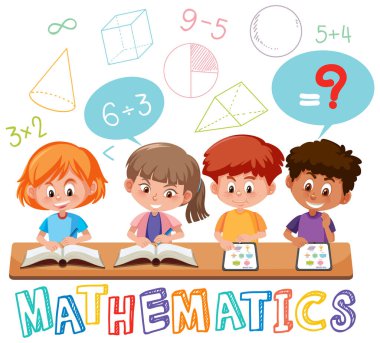 Matematik sembolü ve ikon illüstrasyonuyla matematik öğrenen çocuklar