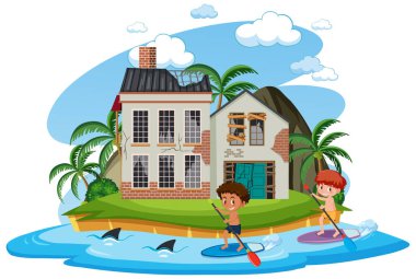 Terk edilmiş ev illüstrasyonunun önünde kürek çeken çocuklar.