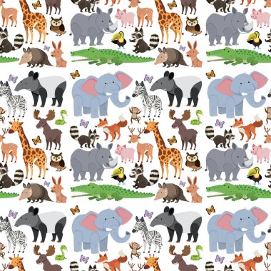 Beyaz arkaplanda sevimli vahşi hayvanlar olan kusursuz bir desen.