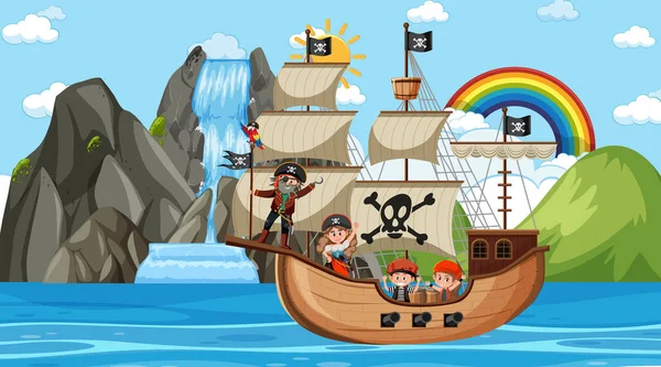 Пляж Пиратским Кораблем Дневное Время Иллюстрации Стиле Мультфильма — стоковый вектор
