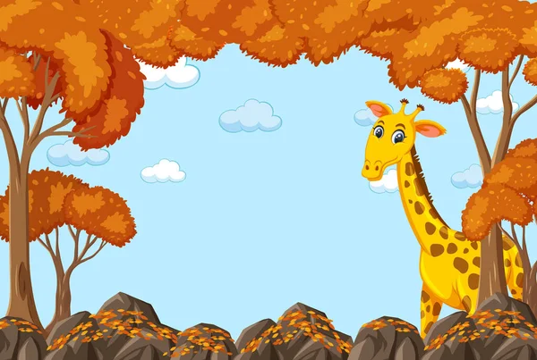 Girafa Personagem Desenho Animado Branco Outono Floresta Cena Ilustração —  Vetores de Stock