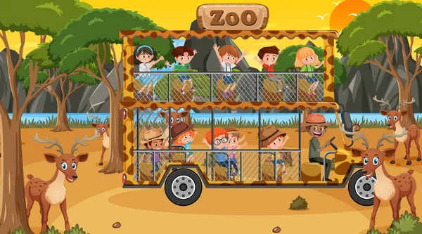 Safari Atardecer Con Niños Viendo Ilustraciones Grupos Ciervos — Archivo Imágenes Vectoriales