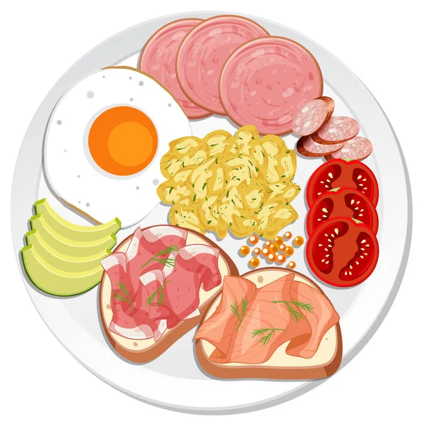Frühstücksteller Mit Rührei Und Fleisch Illustration — Stockvektor