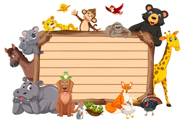 Empty Wooden Board Various Wild Animals Illustration — Stock Vector