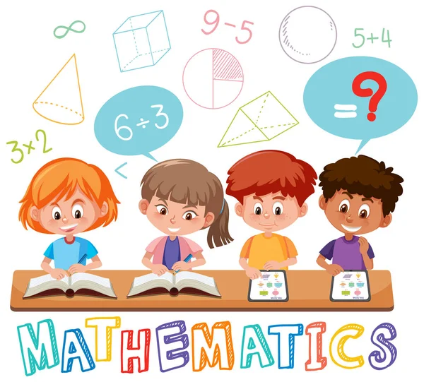 数学記号とアイコンのイラストで数学を学ぶ子供たち — ストックベクタ