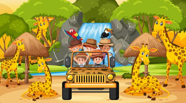 Safari Coucher Soleil Avec Des Enfants Regardant Girafe Illustration Groupe — Image vectorielle