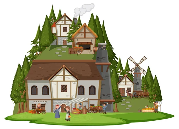 Ancient Medieval Village White Background Illustration — Stock Vector