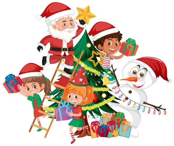 Papai Noel Com Crianças Felizes Ilustração Árvore Natal — Vetor de Stock