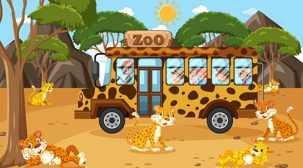 Safari Overdag Scene Met Veel Kinderen Kijken Luipaard Groep Illustratie — Stockvector