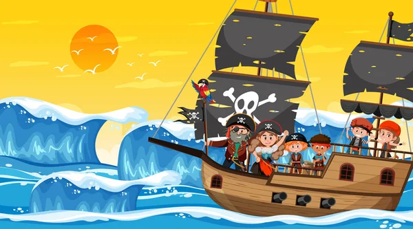 Ocean Scene Sunset Time Pirate Kids Ship Illustration — Stock Vector