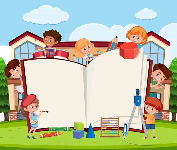 Libro Abierto Vacío Con Niños Estudiantes Ilustración Escuela — Vector de stock