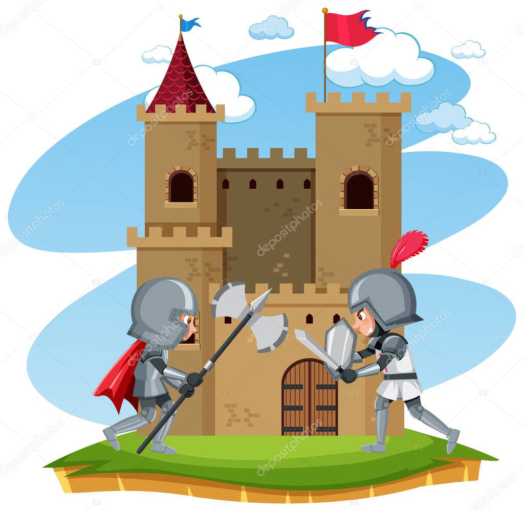 Knights flighting in front of castle illustration