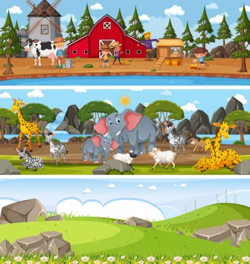 Çizgi film karakteri çizimleri ile gündüz sahnesinde farklı doğa manzaraları.