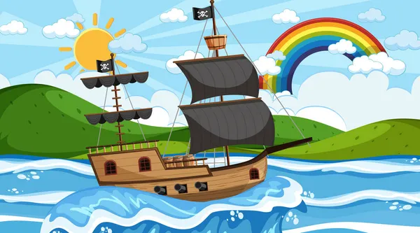 Oceano Com Navio Pirata Cena Dia Desenho Animado Ilustração Estilo — Vetor de Stock