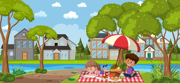 Happy Kids Picknick Het Erf Illustratie — Stockvector