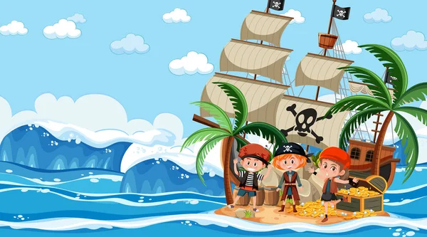 Scène Treasure Island Jour Avec Illustration Pour Enfants Pirate — Image vectorielle