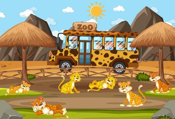 Niños Coche Turístico Viendo Grupo Leopardos Escena Del Zoológico Ilustración — Archivo Imágenes Vectoriales