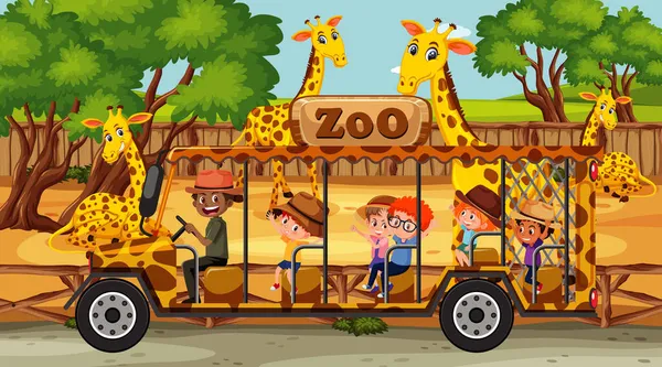 Scena Safari Wieloma Żyrafami Dziećmi Ilustracji Samochodu Turystycznego — Wektor stockowy