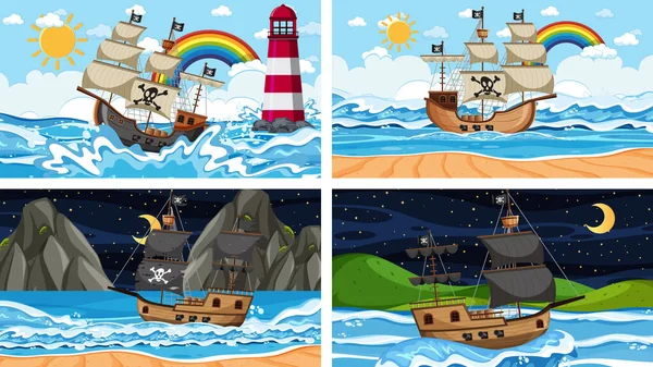 Set Ocean Kalóz Hajó Különböző Időpontokban Jelenetek Rajzfilm Stílusú Illusztráció — Stock Vector