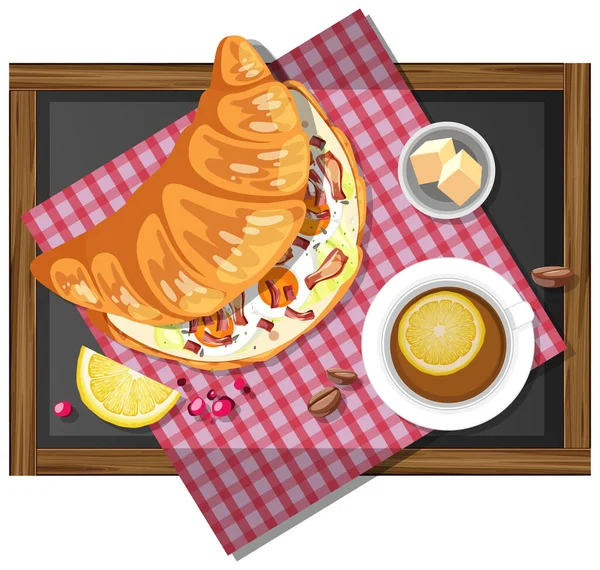 Frukost Croissant Smörgås Med Kopp Citron Träplatta Isolerad Illustration — Stock vektor
