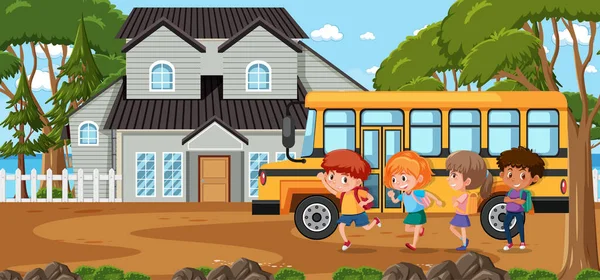 Kinder Gehen Mit Dem Bus Zur Schule Illustration — Stockvektor