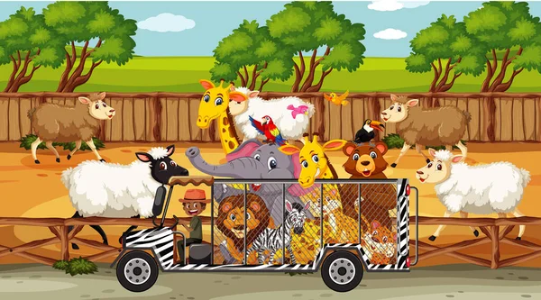 Safari Scènes Met Veel Schapen Kinderen Cartoon Karakter Illustratie — Stockvector