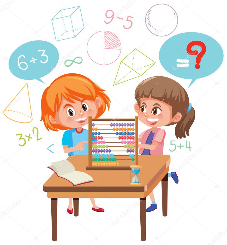 Girls counting math using abacus illustration