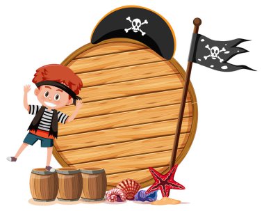 Beyaz arkaplanda izole edilmiş boş bir afişi olan bir korsan çocuk.