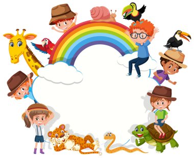 Çocuklar ve hayvanat bahçesi resimli boş bulut afişi