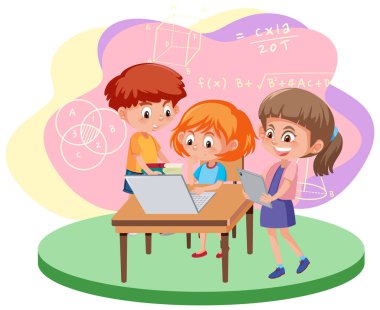 Elektronik aygıt illüstrasyonunu kullanarak matematik öğrenen öğrenci