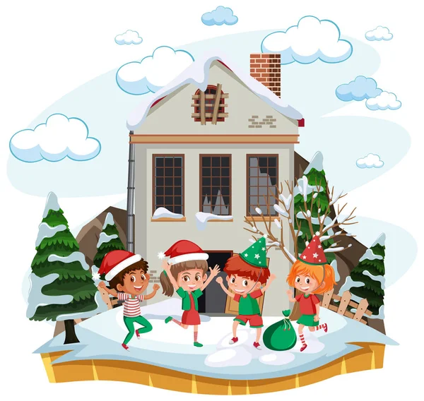 Παιδιά Γιορτάζουν Χριστούγεννα Μπροστά Από Παλιό Σπίτι Εικονογράφηση — Διανυσματικό Αρχείο