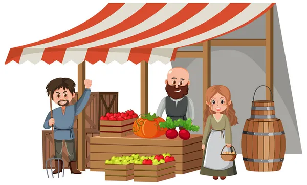 Medieval Villagers Fruit Store White Background Illustration — Stock Vector