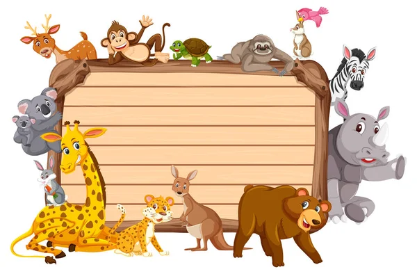 Κενό Ξύλινο Πίνακα Διάφορα Άγρια Ζώα Εικονογράφηση — Διανυσματικό Αρχείο