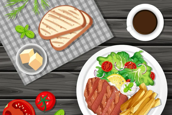 テーブルイラスト上の食品の異なるプレート — ストックベクタ