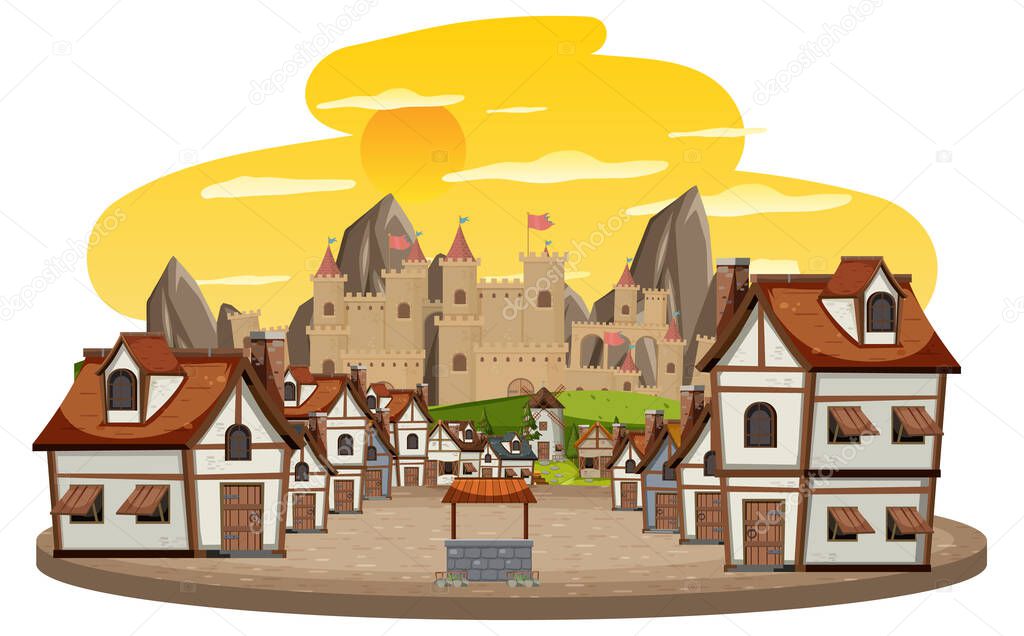 Medieval village scene on white background illustration