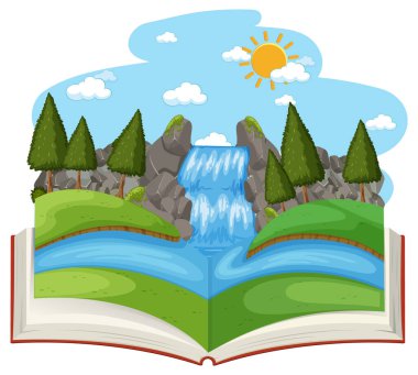 Orman sahnesinde şelaleli açık bir kitap.