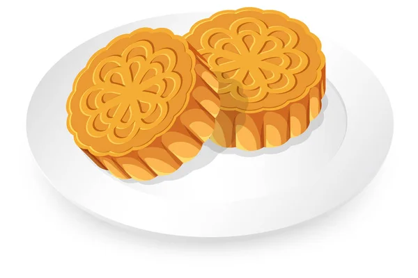 Mooncakes Placa Blanca Sobre Fondo Blanco Ilustración — Vector de stock