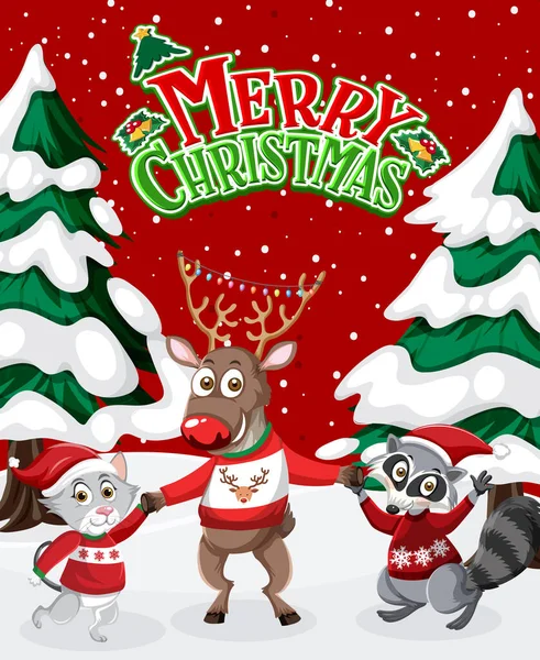 Καλά Χριστούγεννα Αφίσα Ταράνδων Και Ζώων Εικονογράφηση — Διανυσματικό Αρχείο