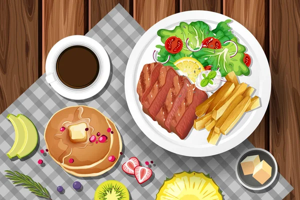 テーブルイラストにコーヒーとパンケーキ付きステーキ — ストックベクタ