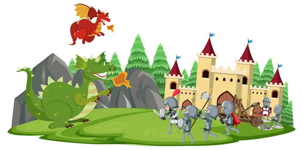 Cavalieri Lotta Con Drago Castello Illustrazione — Vettoriale Stock