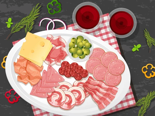 Almoço Conjunto Carne Com Diferentes Carnes Frias Ilustração Platter — Vetor de Stock