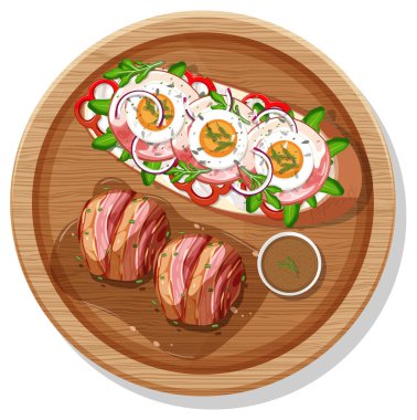 Çizgi film tarzında izole edilmiş bir resimde kahvaltı setinin üst görüntüsü