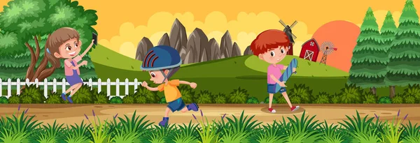 Escena Horizontal Aire Libre Con Muchos Niños Haciendo Actividades Parque — Vector de stock