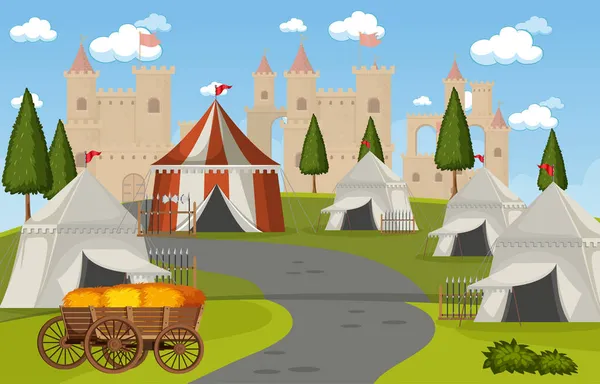带有帐篷和城堡插图的中世纪军营 — 图库矢量图片