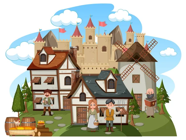 Mittelalterliches Dorf Mit Dorfbewohnern Auf Weißem Hintergrund — Stockvektor